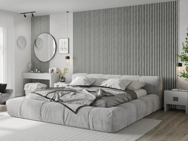 Gray wall panels in the bedroom