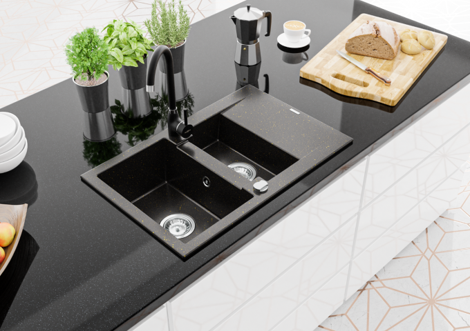 Eviers en granit avec robinet noirs