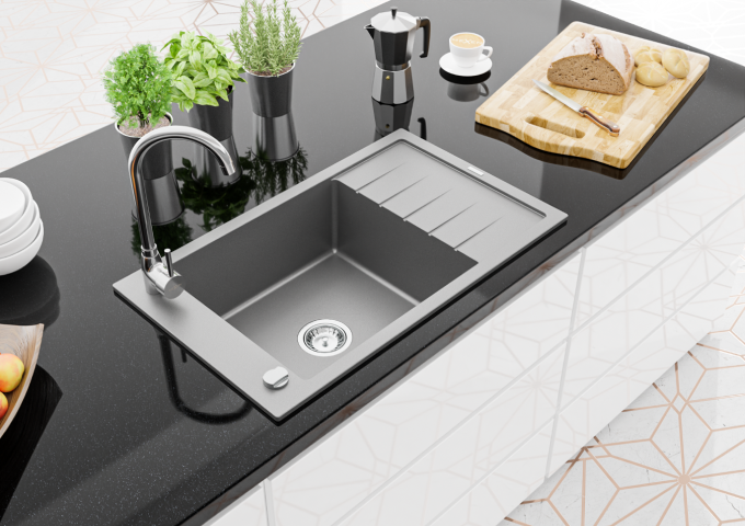 Éviers en granit avec robinet une cuve avec égouttoir