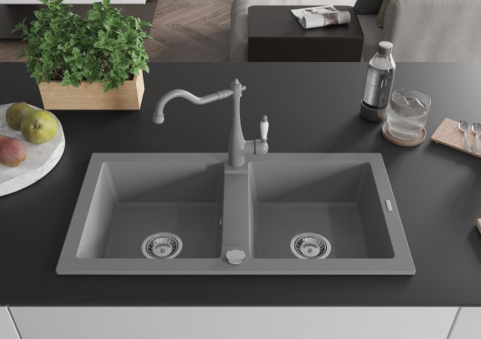 Éviers en granit à deux bacs gris