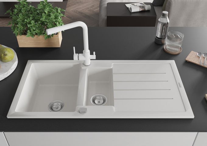 Éviers en granit avec robinet blanc