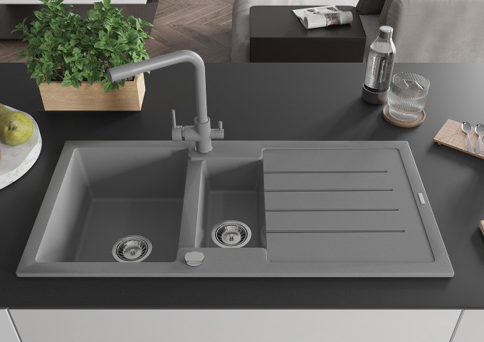 Éviers en granit avec robinet gris