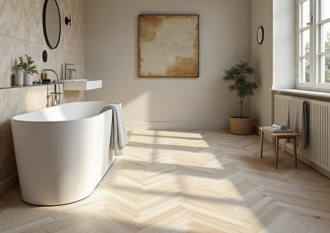 Light vinyl panels in herringbone pattern in the bathroom