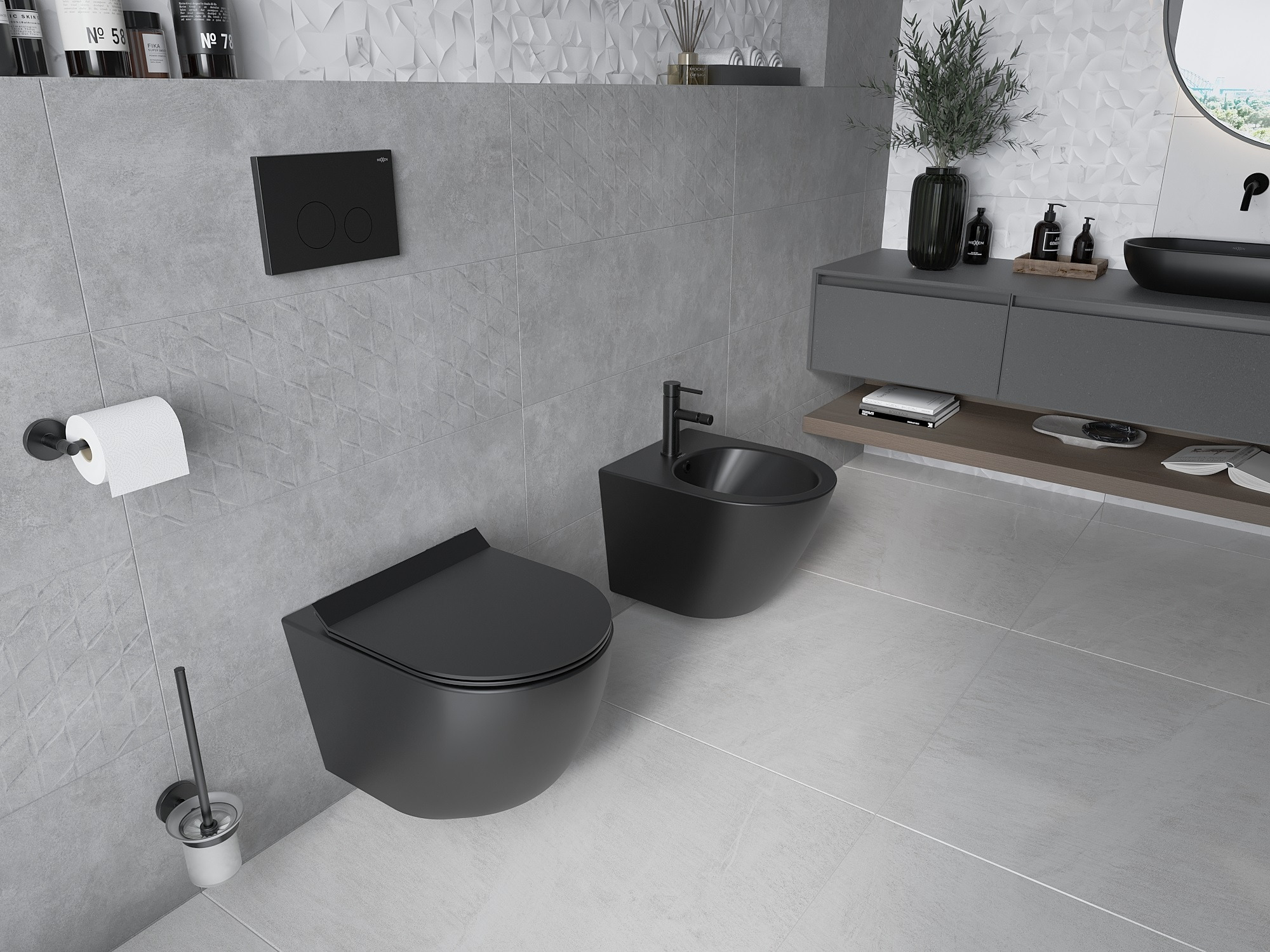 Toilette grise moderne avec accessoires noirs
