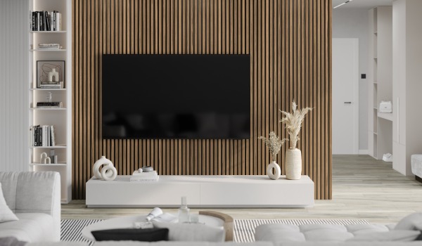 Salon avec des lamelles sur le mur