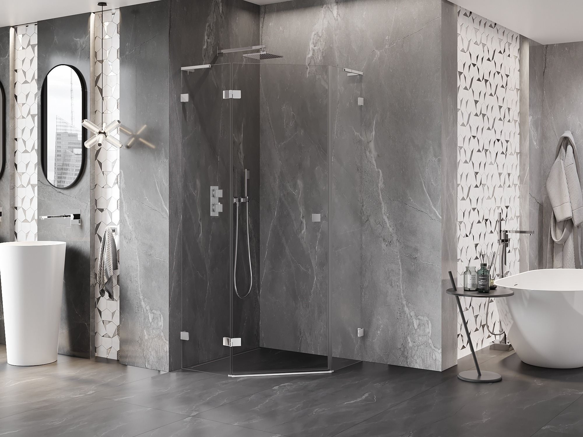 Gray bathroom inspired by a SPA hotel with a pentagonal cabin