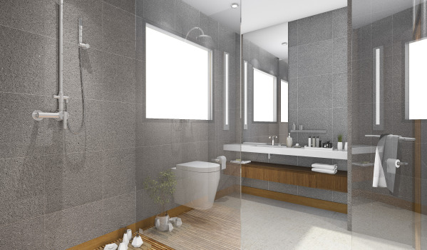 Stylvollt Buedzëmmer mat engem ënnerriichten Duschsystem