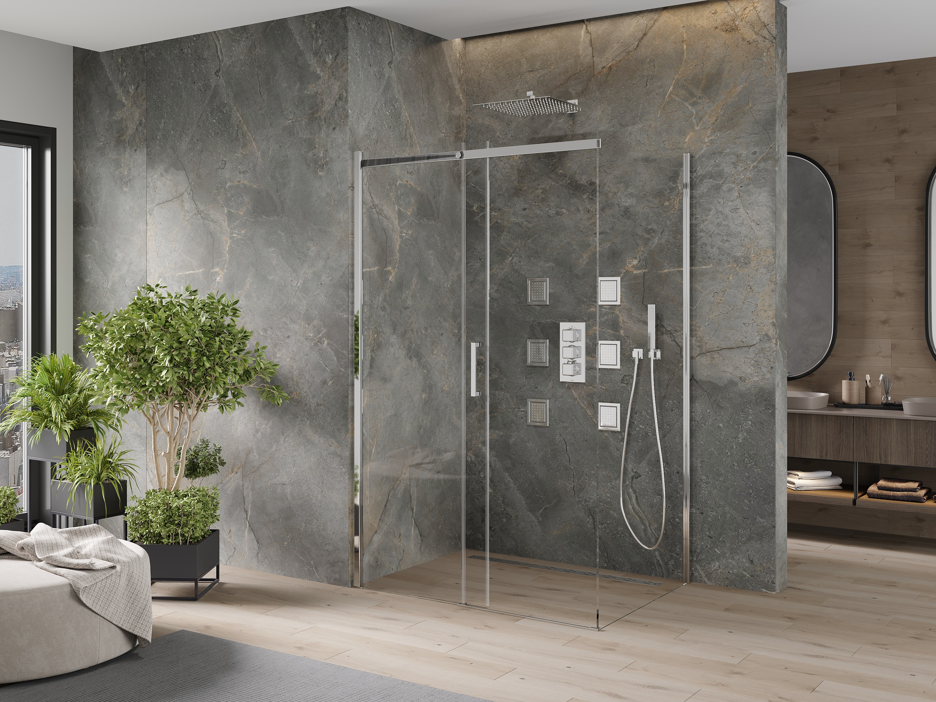 Cabine de douche minimaliste en pierre