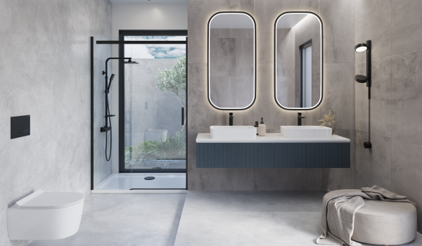 Salle de bain moderne avec deux lavabos sur plan