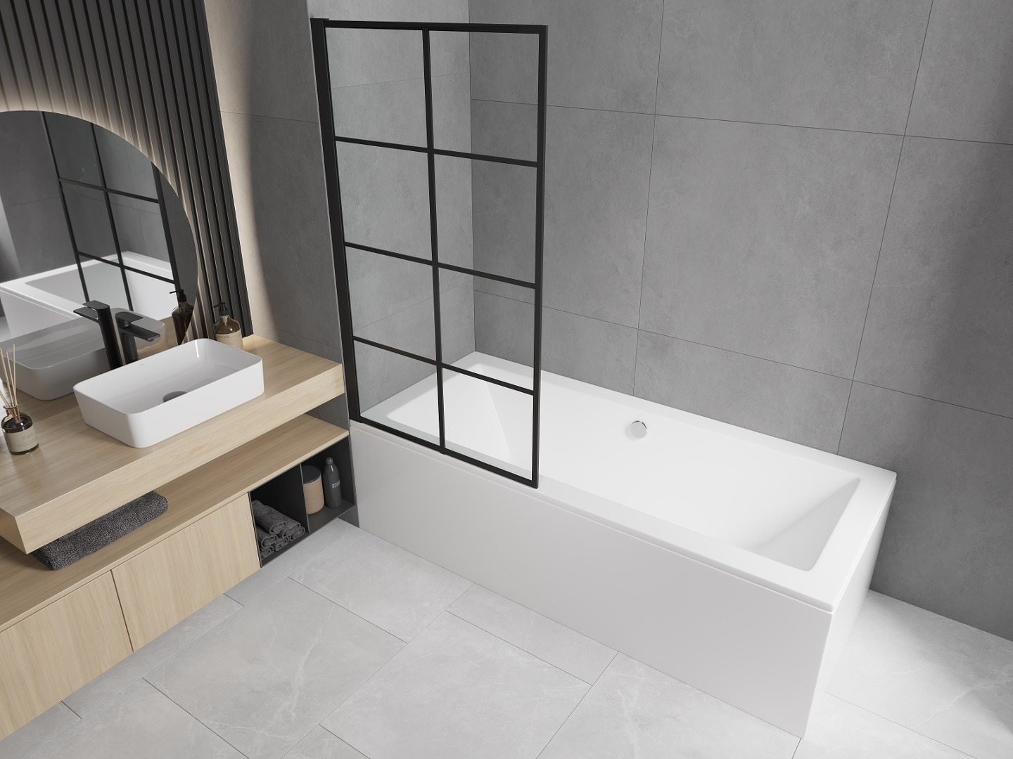 Baignoire rectangulaire avec paravent dans un style minimaliste