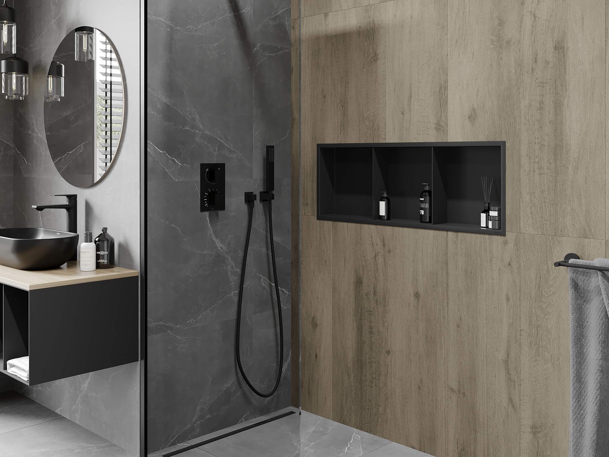 Salle de bains industrielle avec étagère intégrée sous la douche