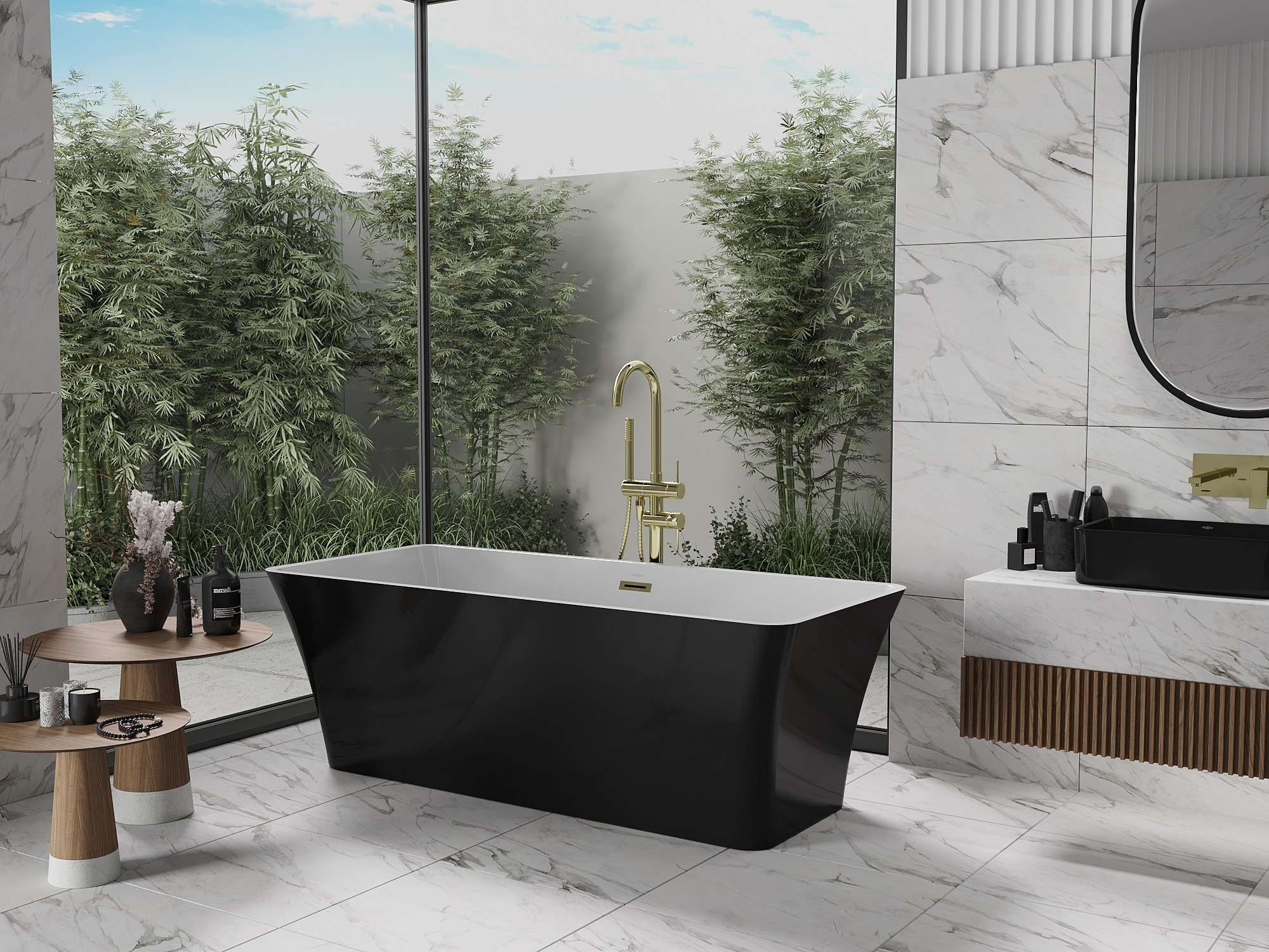 Kombination von Schwarz und Gold im Marmorbad