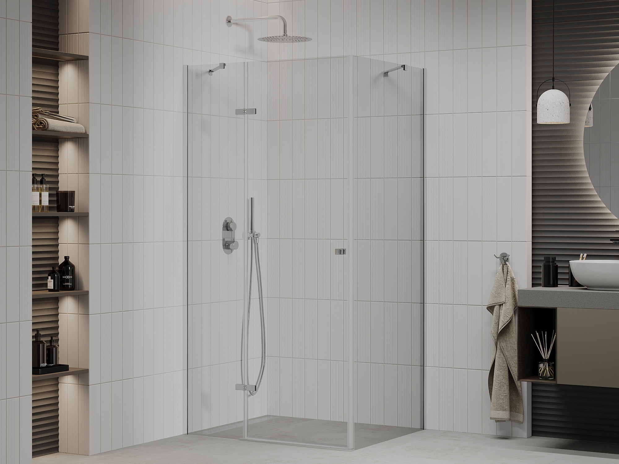 Salle de bain confortable : combinaison de murs beiges avec cabine de douche