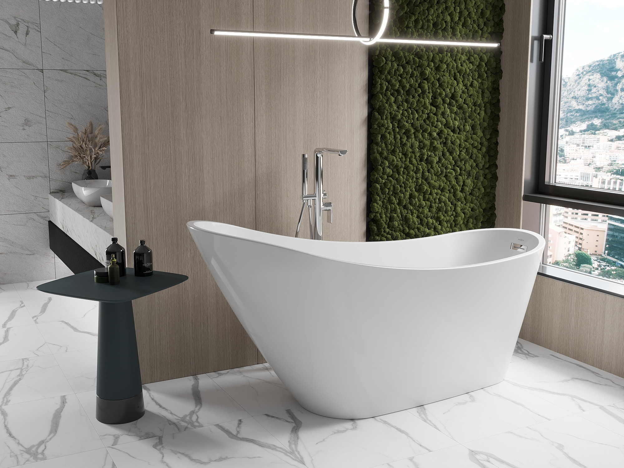 Salle de bain confortable dans les tons de terre - mur en mousse