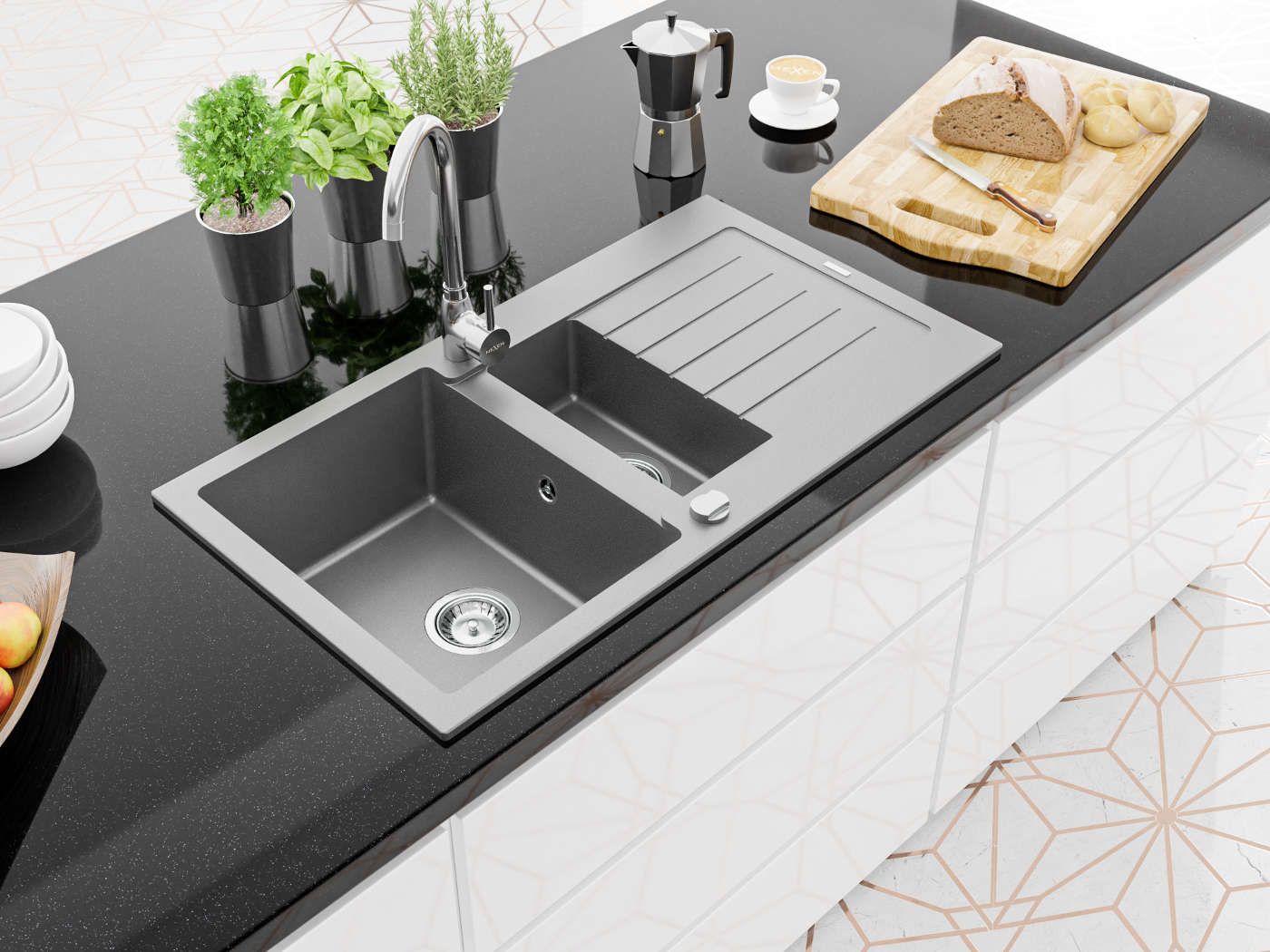 Blanc, noir, gris dans une cuisine moderne