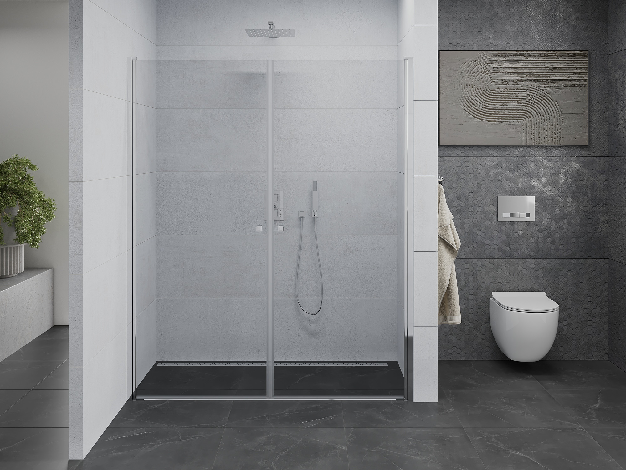 Portes de douche doubles dans une salle de bain minimaliste