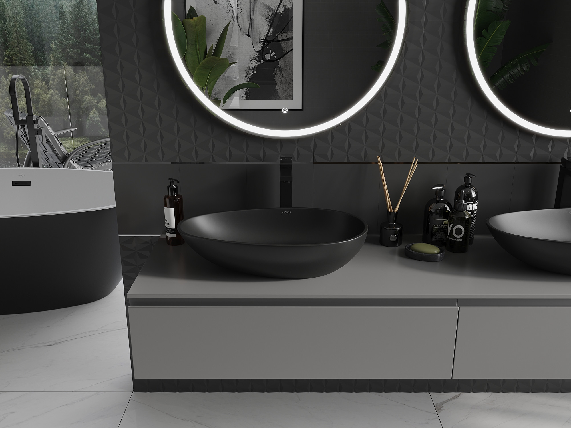 Conglomerate sinks in a gray-black bathroom