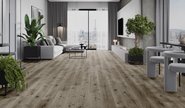 Salon moderne avec sol imitant le bois