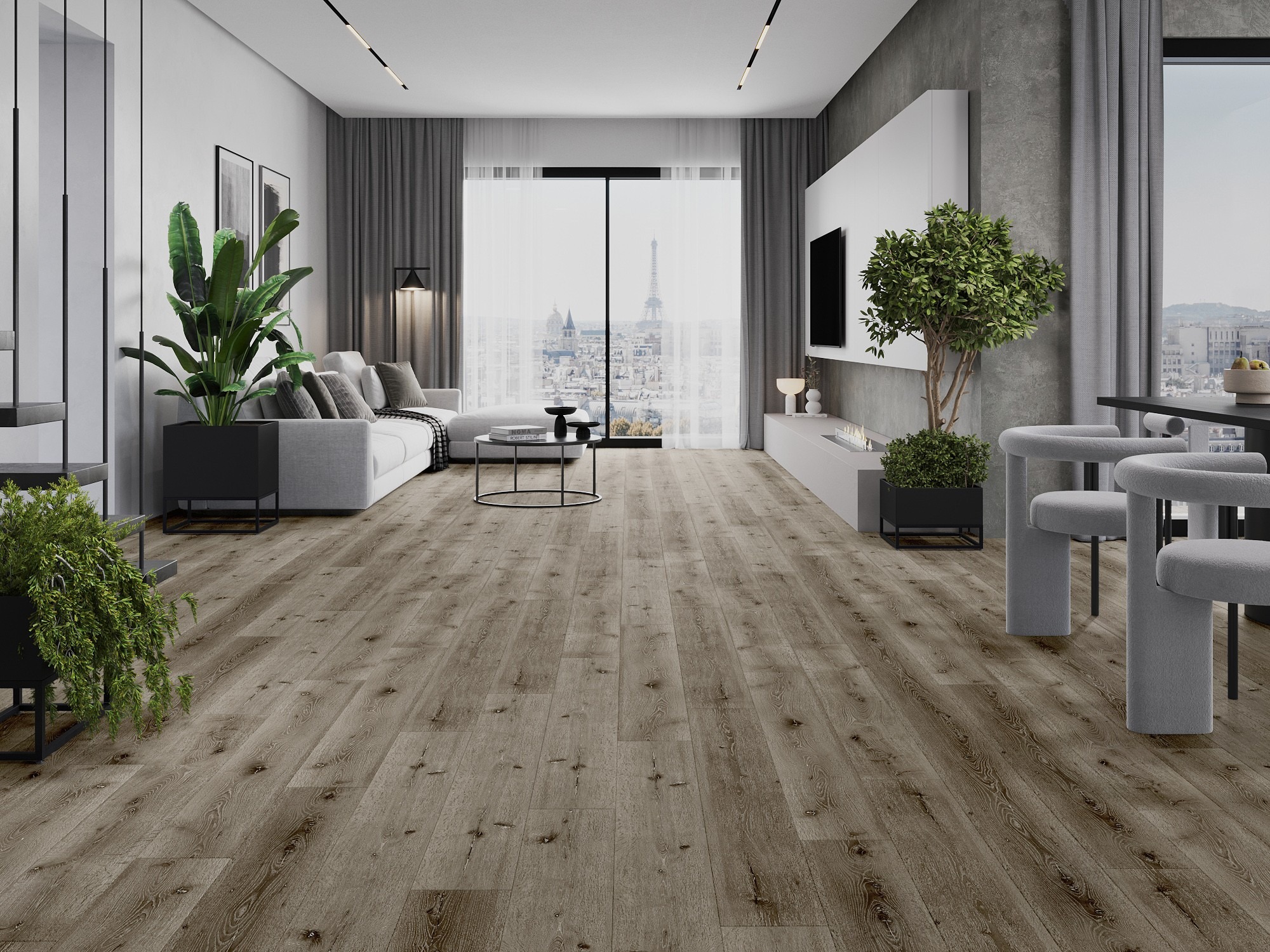 Salon moderne avec sol imitant le bois